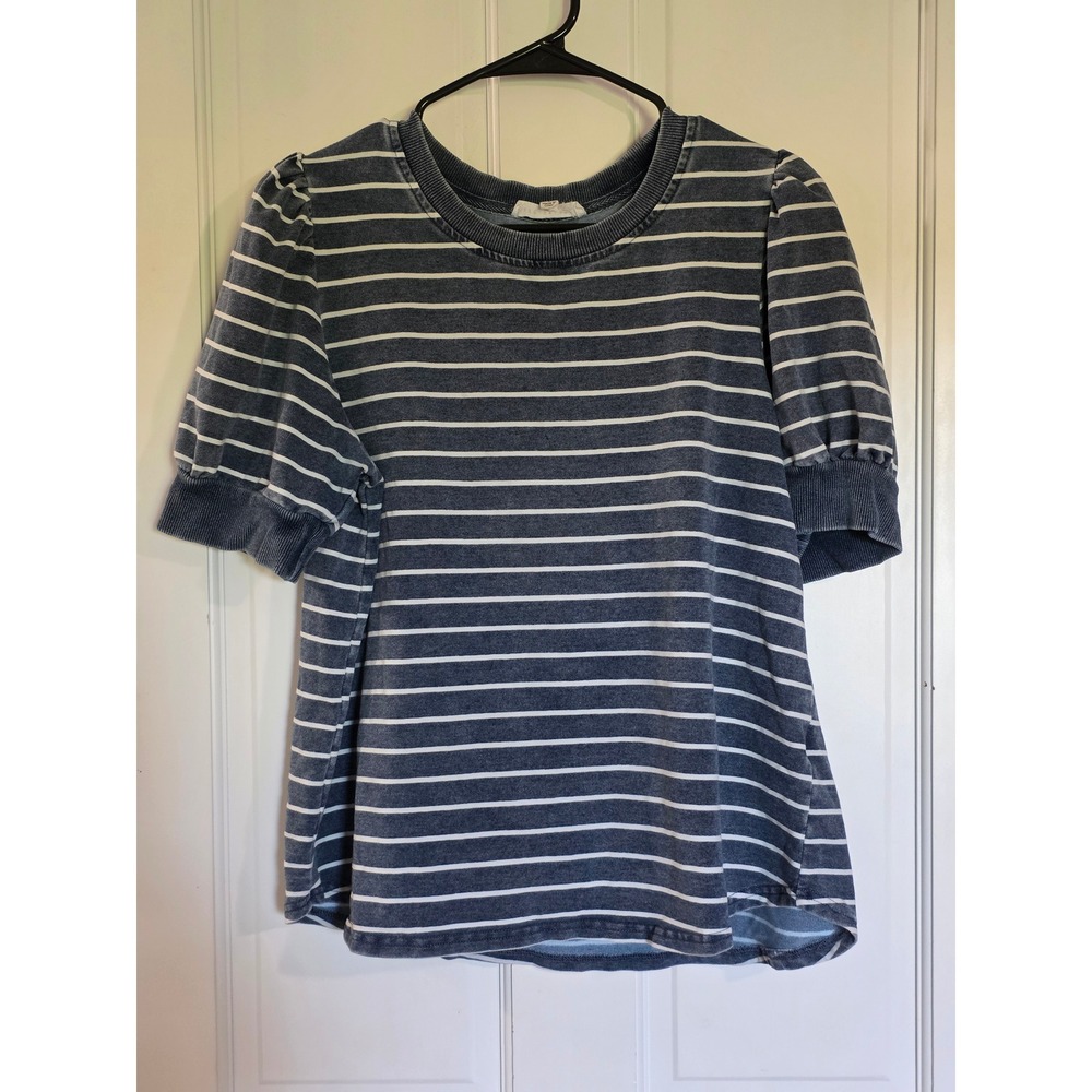 Jane + Delancey Blue White Striped Puff Short Sleeve Sweatshirt Top Size Large
